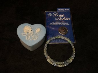Vintage Blue Heart Shaped Rose Trinket Box Love Token Bracelet