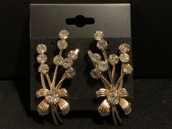 Pair Of Vintage Gold Tone Clip-on Earrings With Rhinestone Flower Bouquet Design - Almost 2 In Tall