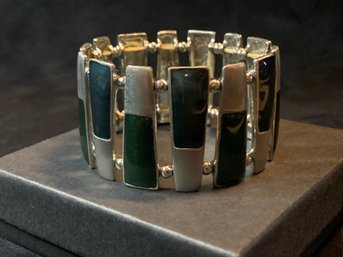 Vintage Green And Silver Tone Elastic Bracelet