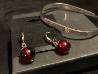 Vintage Silver Tone Red Bead Earrings And Silver Tone Cuff Bracelet