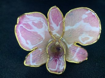 Vintage Pink Phalaenopsis Orchid Bloom Gold Tone Pendant And Pin