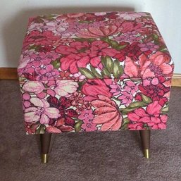Absolutely Adorable Mid-century Modern Fabric Covered Foot Stool- Hidden Sewing Box Full Of Sewing Supplies