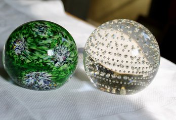 Blown Bubble And Green Paperweights Lot E