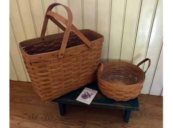 Pair Of Longaberger  Baskets And Handmade Country Stool