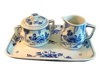 Blue And White Delft Cream And Sugar With Tray