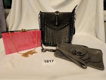 Pink/ Black Hard Clutch/ Stud Bag Rose Wristlet (3 Pcs)