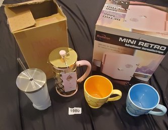 Coffee Press, Mini Fridge And Mugs