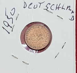 Republic Of Deutschland 1950 One Cent Piece Excellent Cond