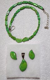 Beautiful Green Stone Necklace W/ Earings & Pensent Mounted On .925 Silver