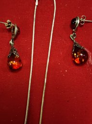 Amber Stone Necklace Mounted On /925 Silver With Matching Earings