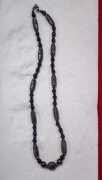 Deep Purple And Black Beaded And Silver Celtic Necklace Approx. 20 Inches