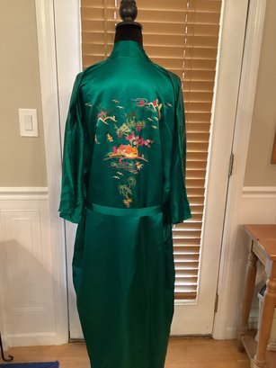 Vintage Golden Bee Green Silk Kimono Robe Embroidered