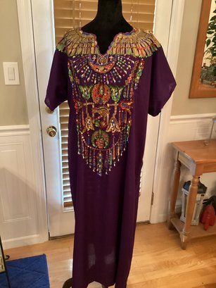 Vintage Womens Purple Kaftan Beaded Design Made In Egypt