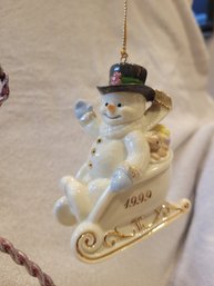 Lenox 1999 Snowman Sleigh Full Of Smiles Annual Ornament- NEW IN BOX