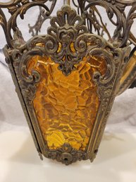 Beautiful Vintage 1970's Orange / Amber Glass Victorian Hanging Ceiling Light Fixture With Chain