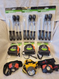 Pittsburgh 6pc. Screwdriver And 25ft Tape Measure Lot - 3 Of Each -  New In Packages -  Bonus Used Head Lamps