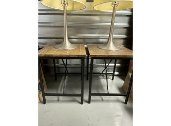 Set Of 2 Side Tables With Metal Base And Wood Top