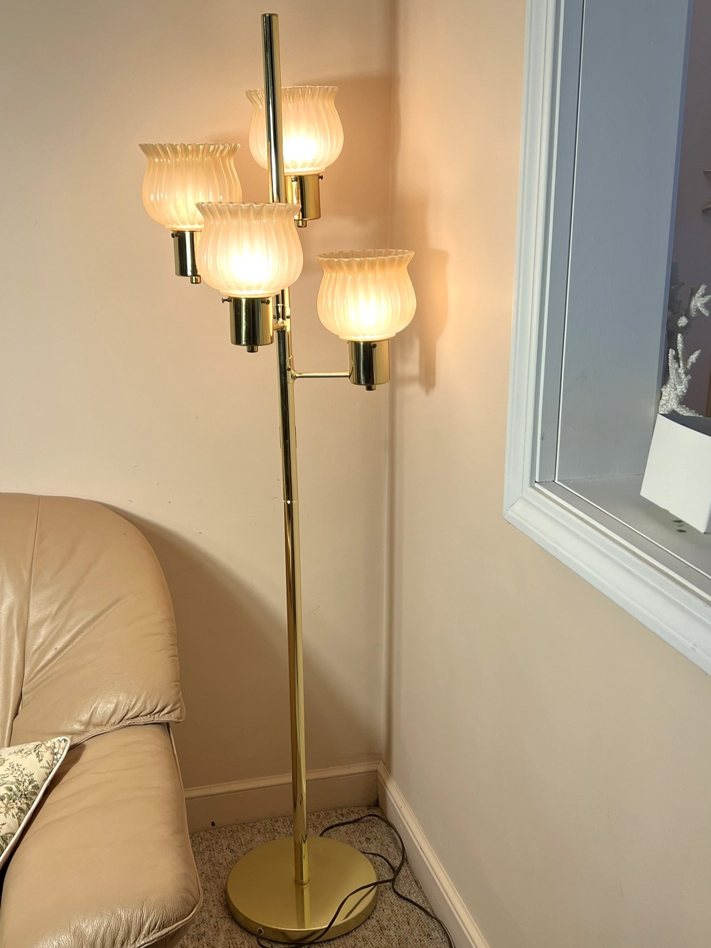 FR/ Beautiful MCM Floor Lamp: Brass And 4 Pink Glass Shades #22433 ...