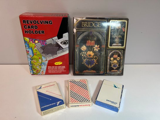 5 Pc Playing Card Bundle - 3  Vintage Airline Cards, 1 Revolving Card Holder, 1 Bridge Set