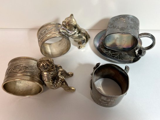 4 Pcs Antique Figural Silverplate Napkin Rings - Monogrammed 1878, Monogrammed Lily Pad, Cat & Boy
