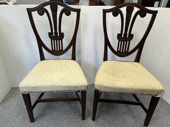 AN/CR66 - 2 Mahogany Shield Back Side Chairs - Fleur De Lis Upholstered Seats, Nail Head Trim