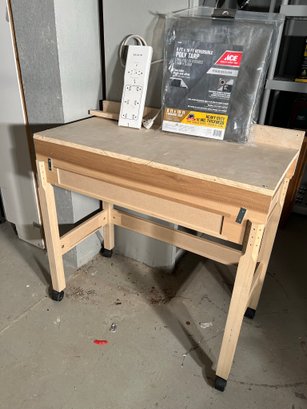 BL/ 3 Pcs - Wood Work Bench Table On Wheels, New In Pkg Ace 8'x10' Blue Tarp, Belken 8 Outlet Power Strip