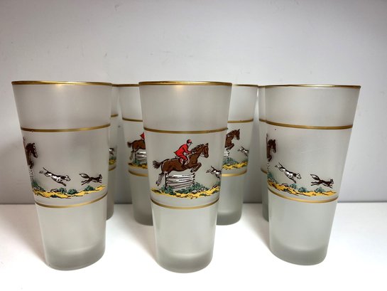 Set Of 7 Vintage Fox Hunt Hunting Horses Frosted High Ball Drinking Glasses