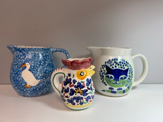3 Pottery Animal Motif Pitchers - Cat Arabia Finland, Chicken San Gimignano, Duck Towle Gailstyn-sutton