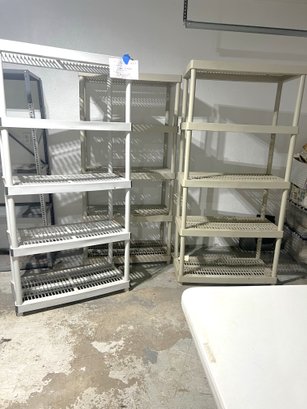 G/ 3 Assembled Sturdy Plastic Shelving Units, 5 Shelves, 2 Taupe, 1 Gray