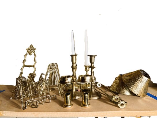 C/ Brass And Gold Metal Lot: Candlesticks, Lamp, Harps, Picture Stands