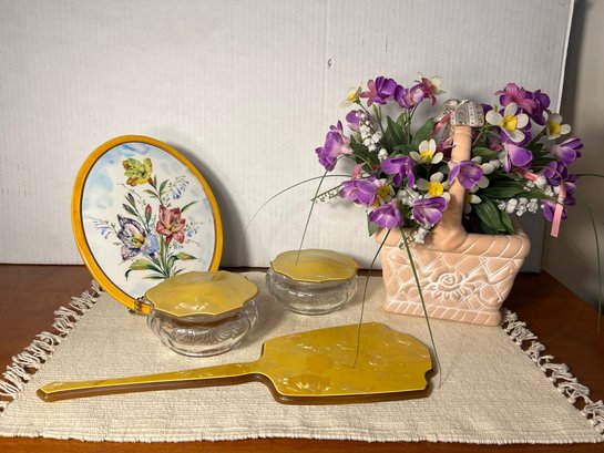 2H/ 6pcs - Lovely Vanity Top Decor: Bakelite Mirror & Covered Jars, Plaque, Ceramic Basket W Faux Flowers