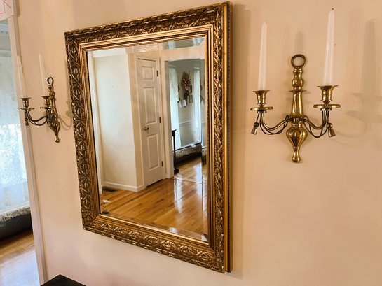 E/ 3pcs - Ornate Gold Framed Mirror W Beveled Glass & Pair Of Brass Wall Sconce Candlesticks