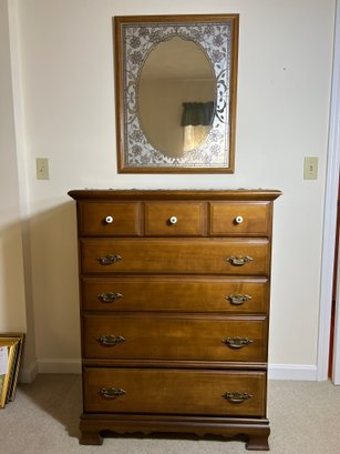 2B/ 2pcs - Pretty Wood Frame Etched Wall Mirror And Tall 5 Drawer Dresser