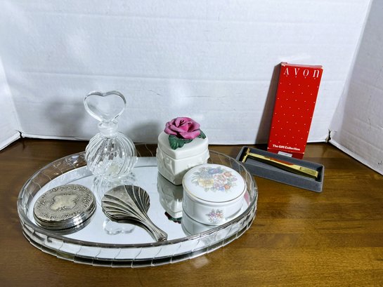 2H/ Dresser Top Vanity Toiletry Items: Oval Mirrored Tray, Floral Covered Dish, Rose Ceramic Candle Holder Etc