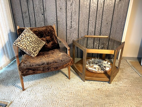 P/ 3pcs - MCM Wood & Crushed Velvet Chair, Hexagon Table W Smoked Glass Top & Wicker Tray Of Shells