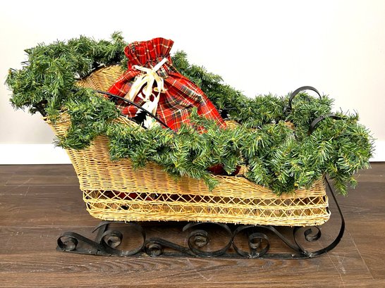 Holiday Christmas 3 Foot Long Wicker Decorative Sleigh W Green Garland & Plaid Gift Bag