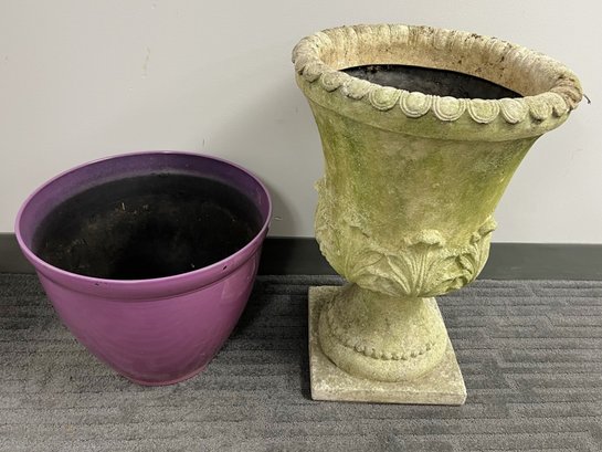 2 Pretty Plastic Light Weight Garden Pots - Plum Colored Low & Green Footed Urn Tall
