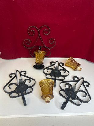 E/ Bin 7pcs - Black Iron Candle Holders And Amber Glass Candleholders