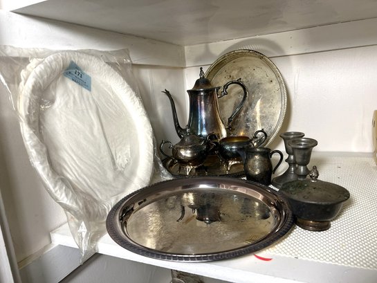 DR/ Shelf 11pcs - Silver Plate Serving Trays, Coffee, Cream, Sugar, Candleholders