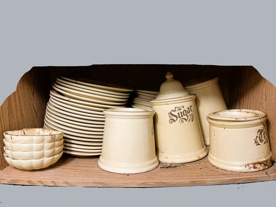 C/ Shelf - Pfaltzgraff Plates, Cannisters Etc - Cream With Brown Accents