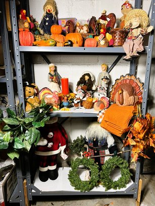 C/ 3 Shelves - Nice Assorted Fall Decorations: Annalee, TY, Pumpkins, Turkeys, Linens, Wicker, Ceramic