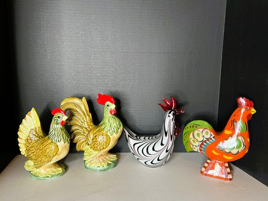 1B/ 4pcs - Pretty Wood, Ceramic And Art Glass Roosters