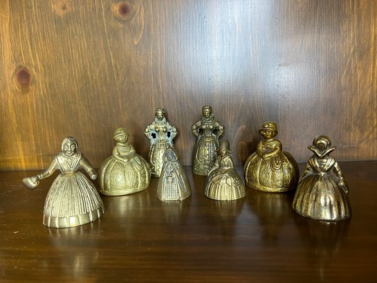 DR/ 8pcs - Unique Brass Figurine Bells - 2 With Legs Clappers, 1 Marked 'Peerage-England'