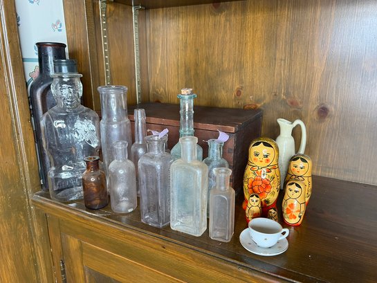 DR/ 20pcs - Vintage Glass Bottles Lincoln Foods Bottle Bank Etc, Vintage Wood Box, Russian Nesting Dolls Etc.