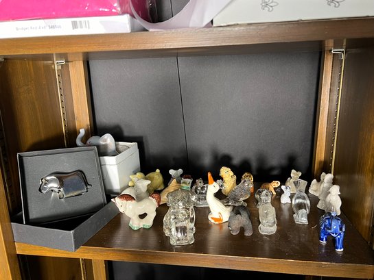 K/ Shelf - Assorted Mini Animal Figurines: Wade, Japan, Dansk And Ceramic, Glass, Silver Plate Etc