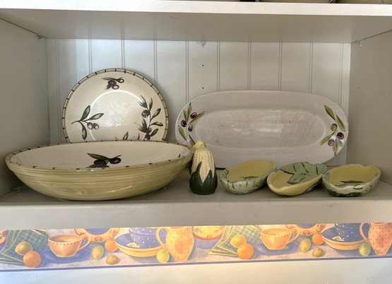 K/ 8 Pc Olive & Corn Motif Ceramics - Wms Sonoma, Anita, Ceramiche Alfa Italy, Bowls, Platter & Corn Servers