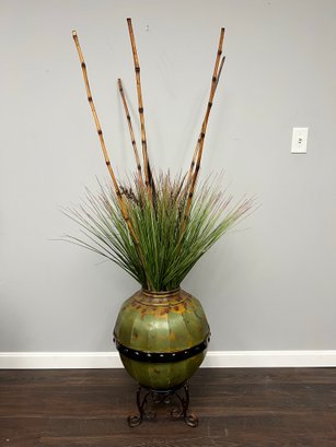Large Decorative Metal & Wood Floor Vase On Pedestal W Faux Greens & Bamboo Sticks