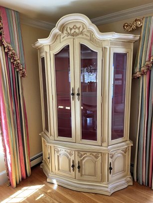 DR/ Stunning French Provincial 2 Piece Display Hutch W Light & Glass Front By White Furniture Co.
