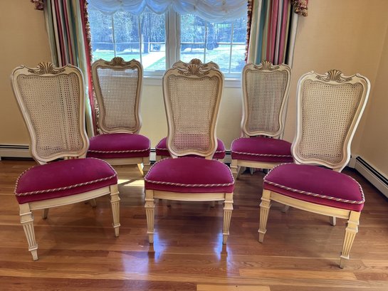 DR/ 6pcs - Gorgeous French Provincial Cane Backed Upholstered Dining Chairs By White Furniture Co.