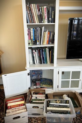 FR/ 4 Shelves & 4 Boxes Assorted Hard Cover Books - Cooking, Colleges, Art, Travel, History, Humor...